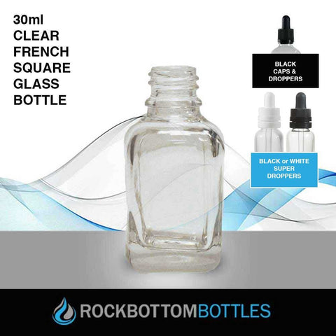 30ml Clear French Square Glass Bottle - Rock Bottom Bottles / Packaging Company LLC