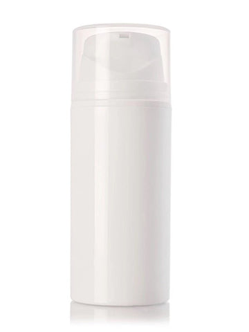 100ml White PP Airless Pump Bottle with Clear Cap - Cased 280 - Rock Bottom Bottles / Packaging Company LLC