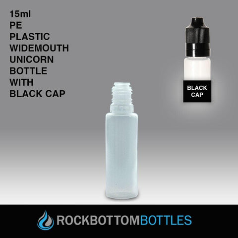 15ml PE Plastic Widemouth Unicorn Bottle - Black Cap - CASED 2800 - Rock Bottom Bottles / Packaging Company LLC