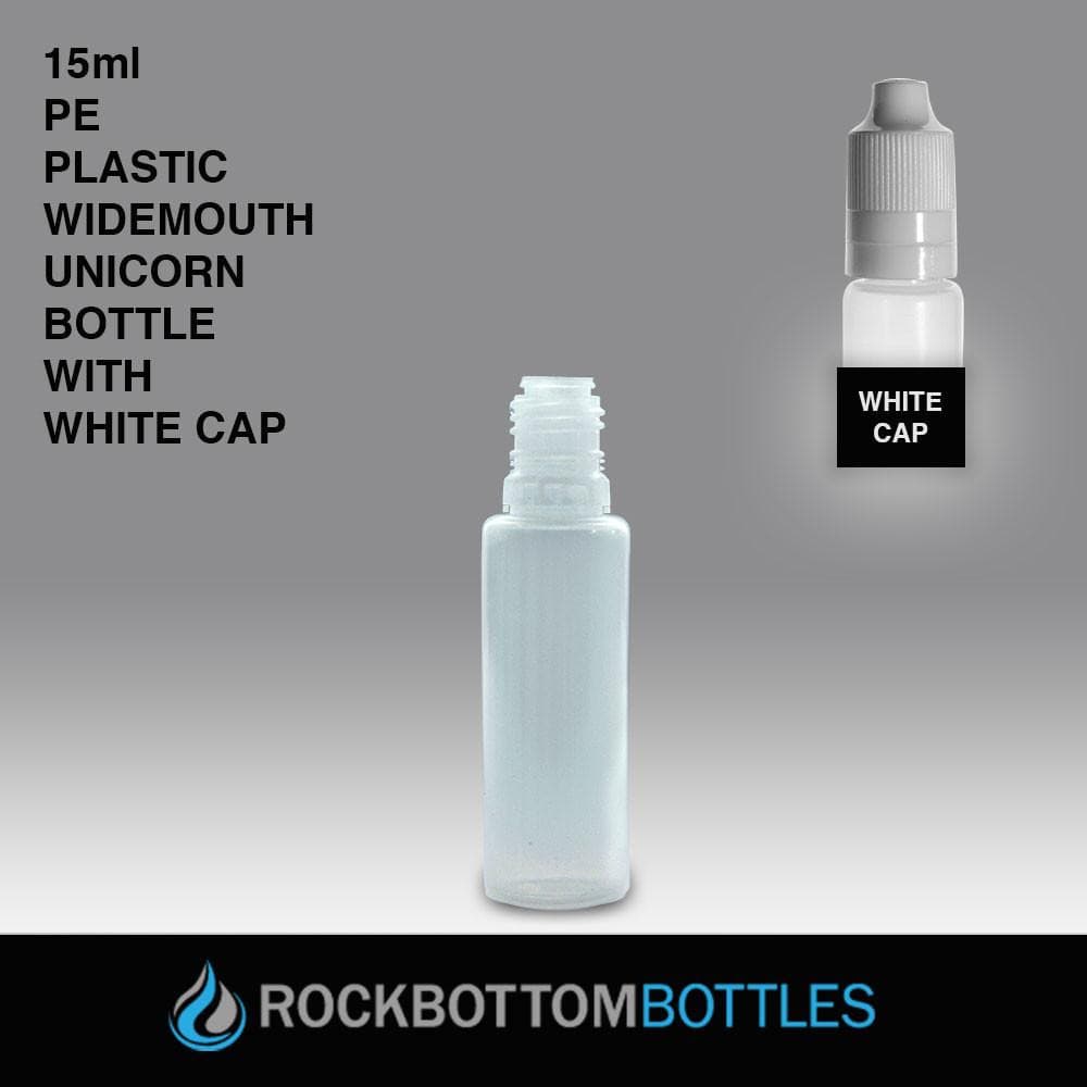 15ml PE Plastic Widemouth Unicorn Bottle - White Cap - Rock Bottom Bottles / Packaging Company LLC