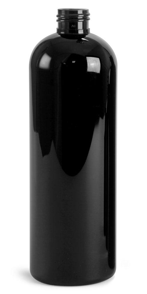 16oz Black PET 24-410 Neck Boston Round Bottle - CASED 216 - Rock Bottom Bottles / Packaging Company LLC