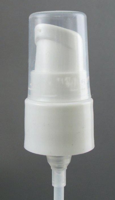 24-410, white, smooth collar Cardinal treatment pump w/ clear dust cap and 7.00" down tube - Rock Bottom Bottles / Packaging Company LLC