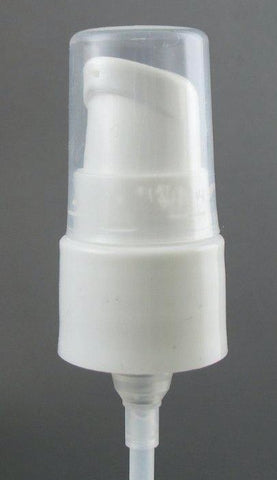 24-410, white, smooth collar Cardinal treatment pump w/ clear dust cap and 7.00" down tube - Rock Bottom Bottles / Packaging Company LLC