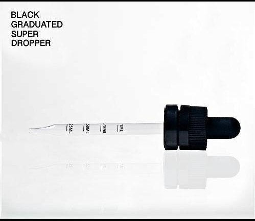 30ml Black Super Dropper CRC/TE Graduated -CASED 330 - Rock Bottom Bottles / Packaging Company LLC