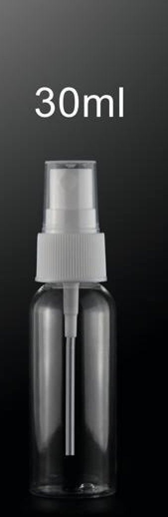 30ML BOTTLE CLEAR PET WITH WHITE MIST SPRAYER AND CAP 1000 PER CSE - CALL TO ORDER PLEASE - Rock Bottom Bottles / Packaging Company LLC