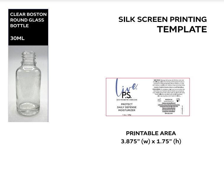 30ml Glass 18-415 Glossy White Printed Bottle Live PS Moisturizer  Cased 330 - Rock Bottom Bottles / Packaging Company LLC