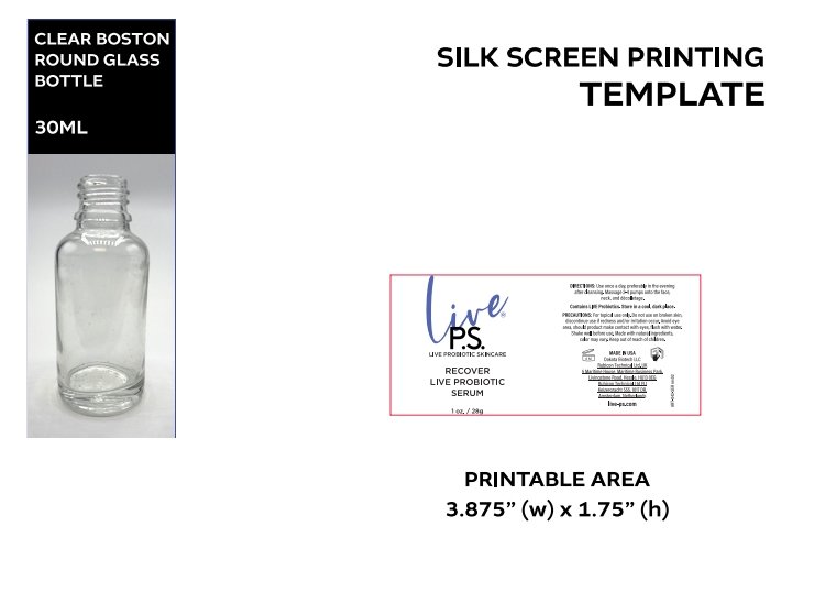 30ml Glass 18-415 Glossy White Printed Bottle Live PS Serum  Cased 330 - Rock Bottom Bottles / Packaging Company LLC