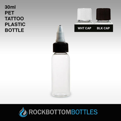 30ML - PET TATTOO PLASTIC BOTTLE -WHITE CAP - CASED 1080 - Rock Bottom Bottles / Packaging Company LLC