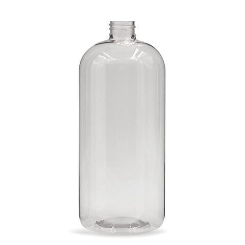 32oz 28-410 Neck Clear PET Boston Round Bottle - 1600 per Pallet - Bulk Pack - Rock Bottom Bottles / Packaging Company LLC