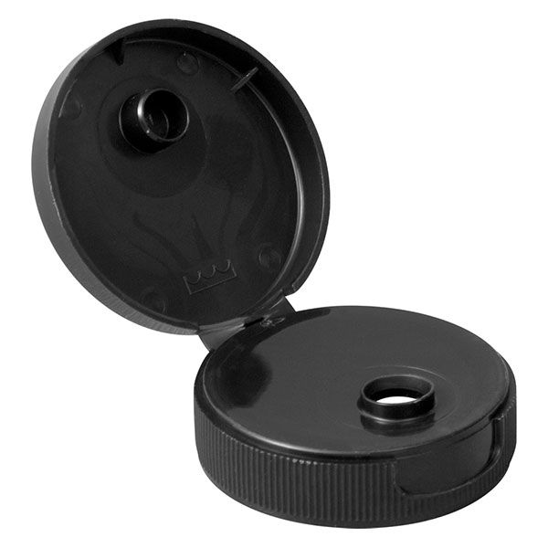 38-400 Black Ribbed Flip Top Cap with .275 opening and Heat Liner for PET - Cased 2350 - Rock Bottom Bottles / Packaging Company LLC