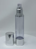 50ml Airless Pump - CLEAR Bottle Chrome Bottom and Cap White Pump - CASED 600 - Rock Bottom Bottles / Packaging Company LLC