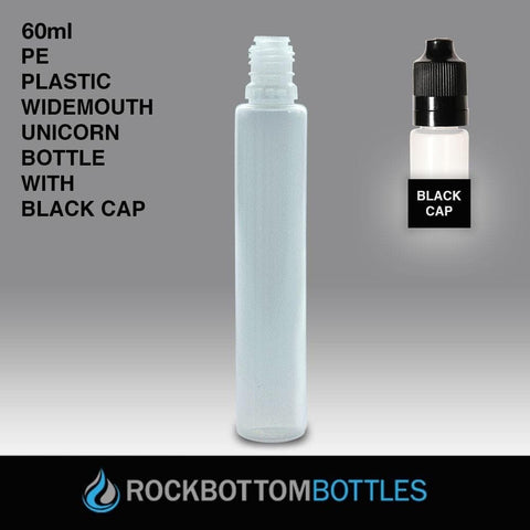 60ml - PE Unicorn Bottle w/wide mouth and black caps - Rock Bottom Bottles / Packaging Company LLC