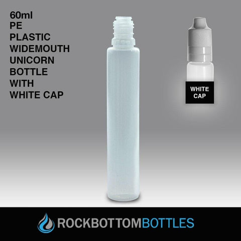 60ml - PE Unicorn Bottle w/wide mouth and white caps - Rock Bottom Bottles / Packaging Company LLC
