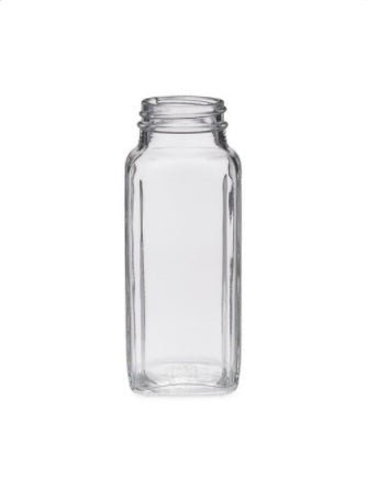 8oz Clear Glass French Square Bottle with 43-400 neck finish. Bottle Only - CASED 84 - Rock Bottom Bottles / Packaging Company LLC