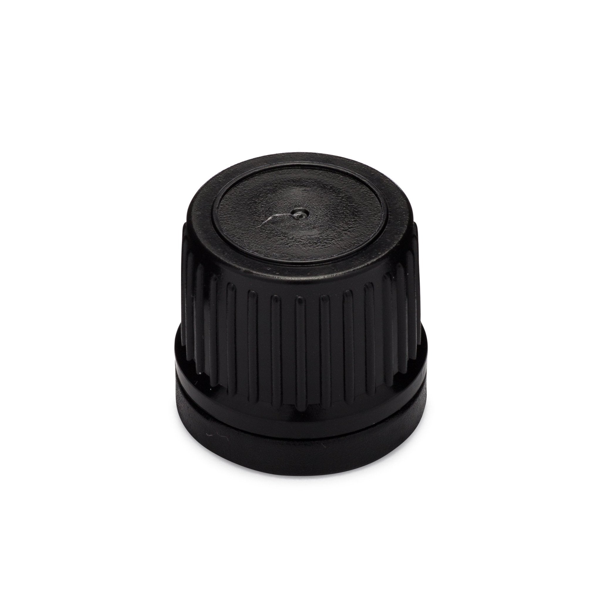 Black 18-DIN Plug Seal Tamper Evident EuroDrop Cap w/ Horizontal Dropper CASED 5000 - Rock Bottom Bottles / Packaging Company LLC