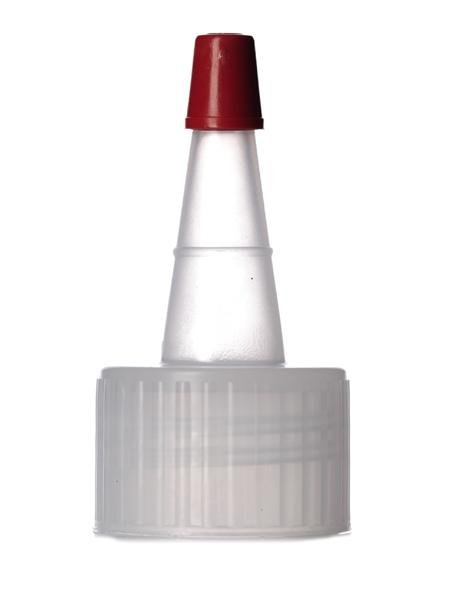 Natural-colored PP 24-410 ribbed skirt yorker spout with red tip - 100 - Rock Bottom Bottles / Packaging Company LLC