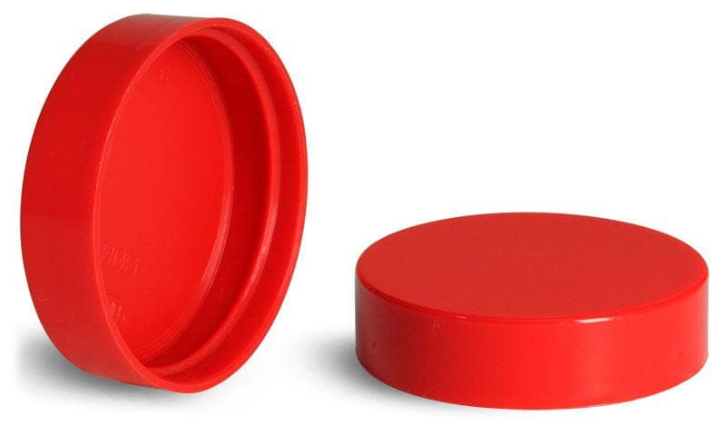 RED PP 89-400 smooth skirt lid with pressure sensitive (PS) liner CASED 580 - Rock Bottom Bottles / Packaging Company LLC